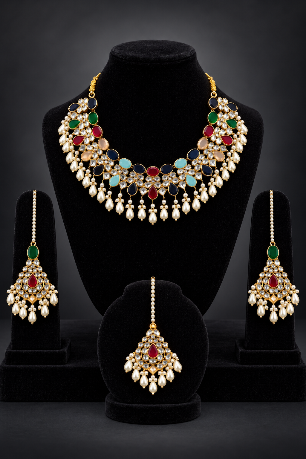 JW560 – Multicolour Kundan-Style Jewellery Set with Pearl Drops