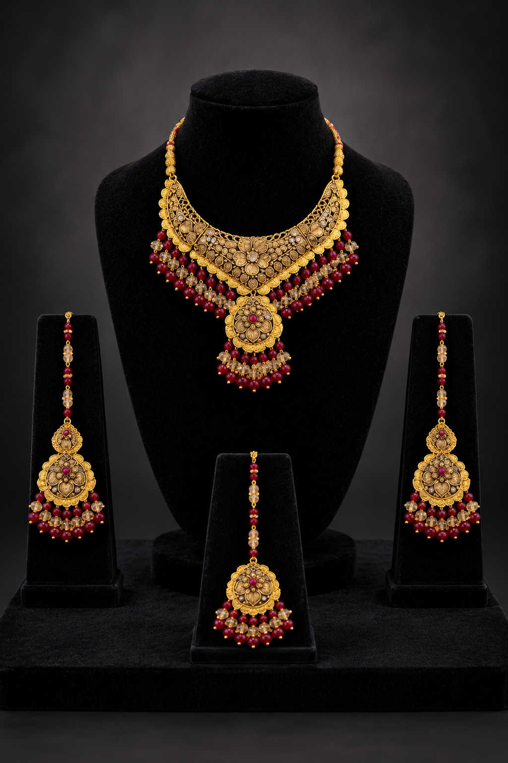 JW900 – Gold-Plated Traditional Jewellery Set with Red Beads