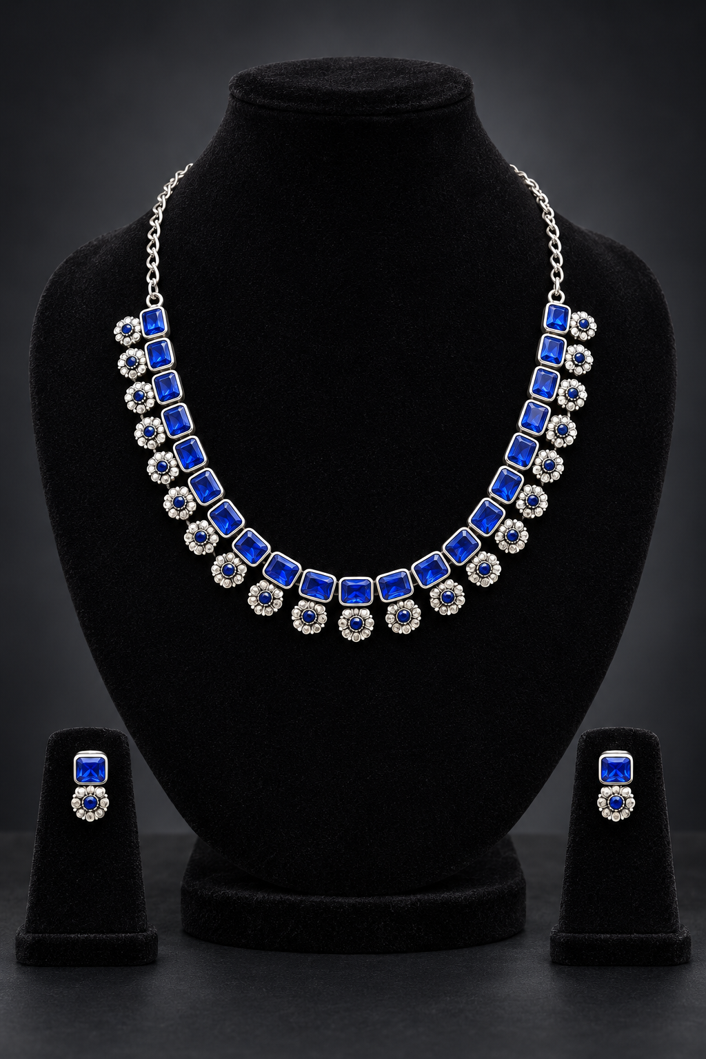 JW111 – Royal Blue Floral Silver-Tone Necklace & Earring Set