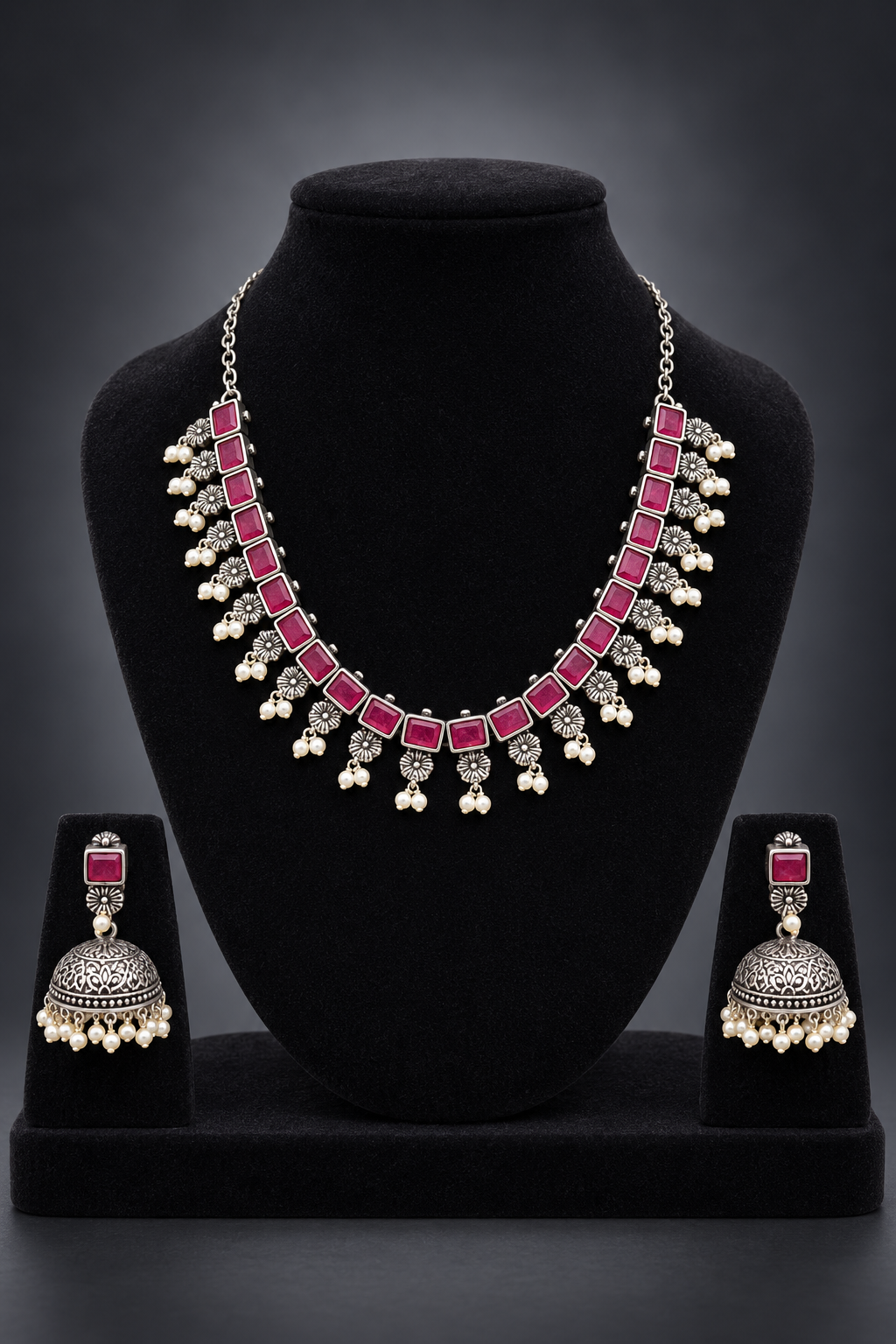 JW115 – Ruby Pink Stone Necklace & Jhumka Set