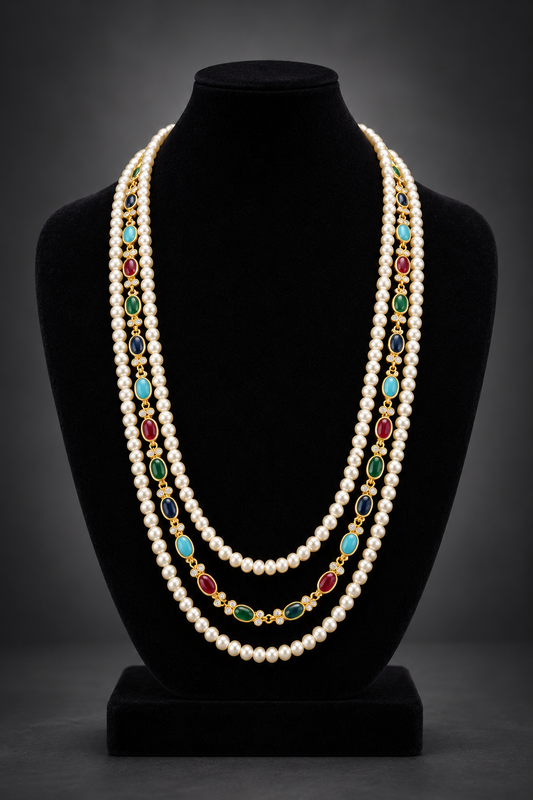 JW250 – Multicolour Stone & Pearl-Style Layered Necklace