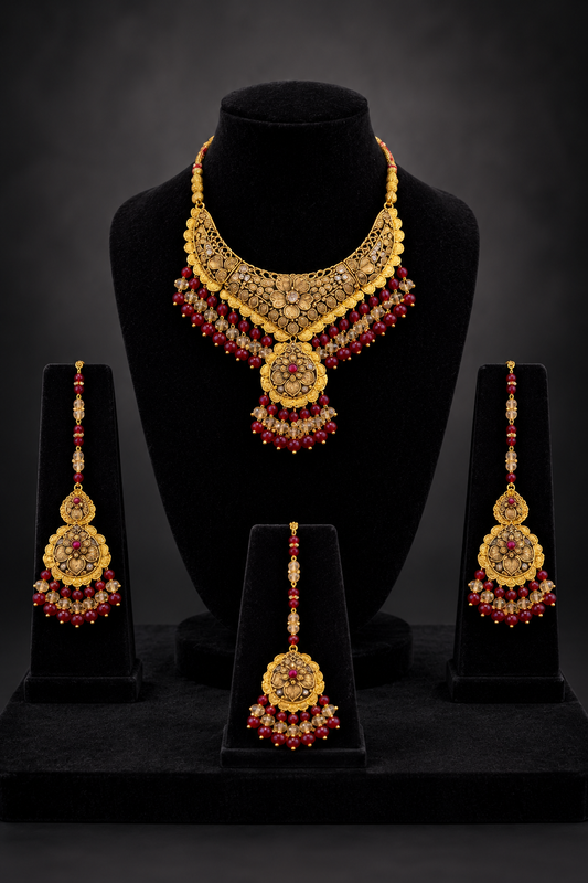 JW900 – Gold-Plated Traditional Jewellery Set with Red Beads
