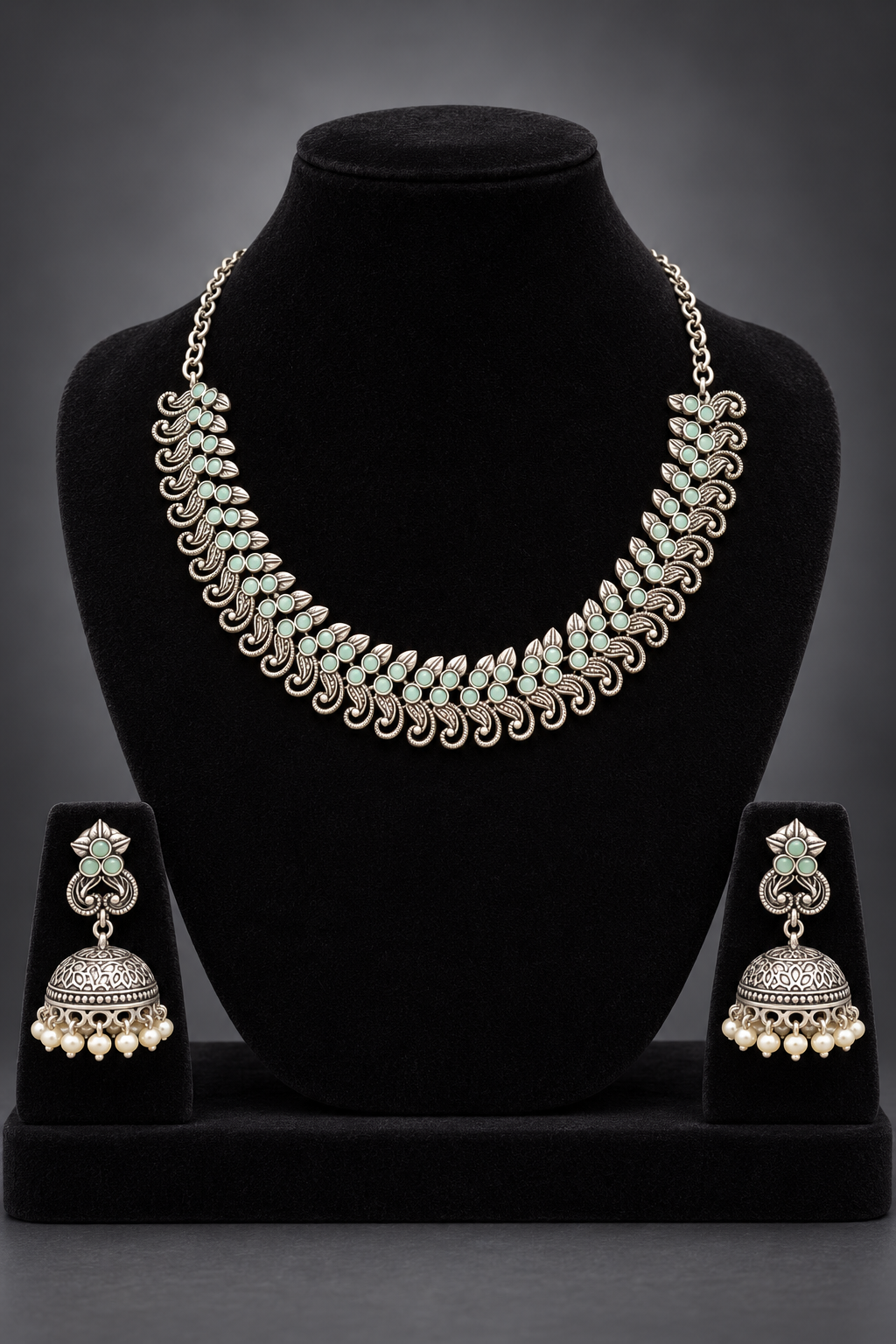 W99 – Mint Stone Antique Silver-Tone Necklace & Jhumka Set