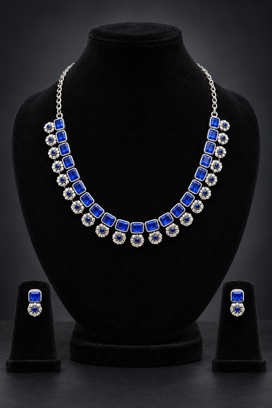 JW111 – Royal Blue Floral Silver-Tone Necklace & Earring Set