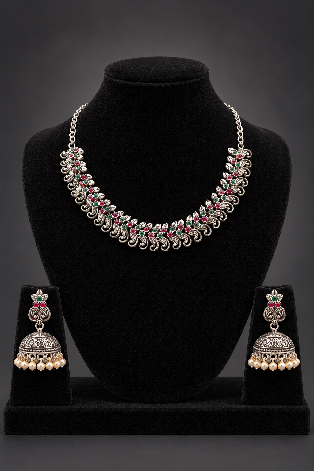 JW99 – Antique Silver-Tone Necklace & Jhumka Set