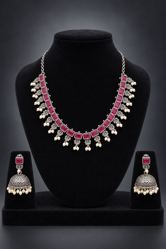 JW115 – Ruby Pink Stone Necklace & Jhumka Set