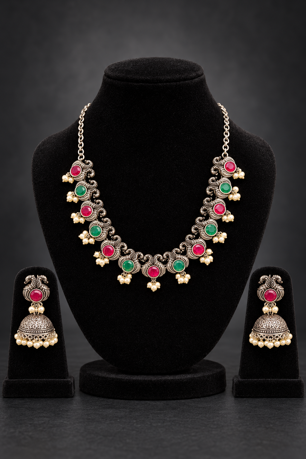 JW130 – Red & Green Peacock Necklace & Jhumka Set